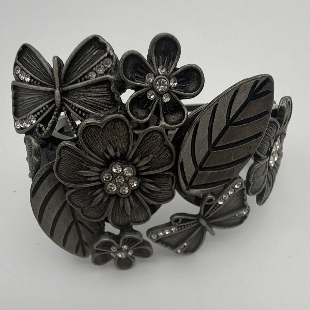 Black Tone Floral Butterfly Leaf Hinged Cuff Bracelet Clear Rhinestones